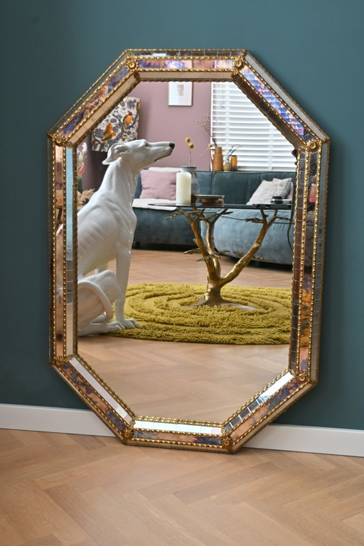 Venetian octagonal mosaic mirror with oiled rim