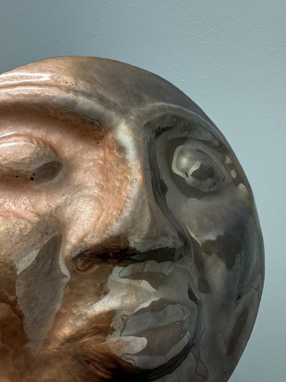 Image 1 of 1960s repoussé and enameled brass face sculpture