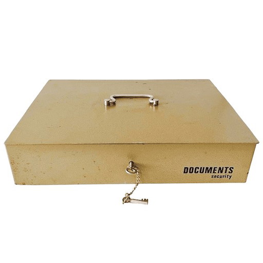 Caja fuerte industrial vintage para documentos, caja de acero, cofre de dinero de acero color beige con asa y (photo 2 of 5)