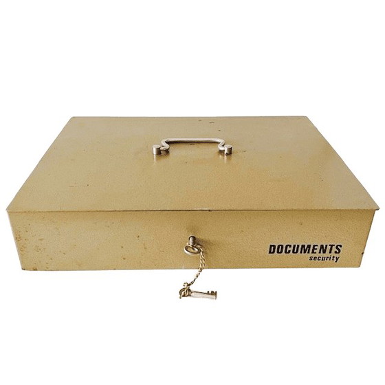 Vintage Documentenkluis Industriële Stalen Doos Geldkist Staal Beige Geld Box Met Hendel En Sleutel 1980's (photo 2 of 5)
