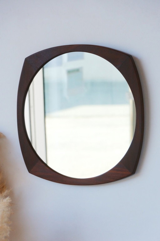 Espejo redondo vintage de teca maciza - Diseño escandinavo de 1960