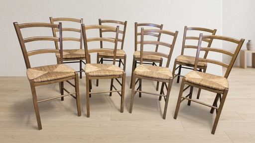 Set of 8 Scandinavian Dining Chairs, Wooden Frame & Woven Rattan Seats, Gemla Fabrikers AB, 20th century
