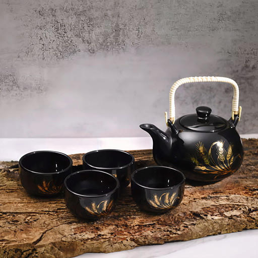 Vintage Japanese tea set, black with gold decoration, teapot and 4 cups