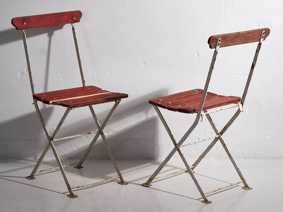Antique red garden folding chairs (c.1920). Set of 4 pieces – Garden chairs, Wood, Iron (photo 28 of 40)