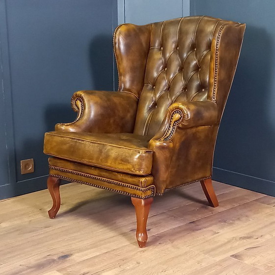 Image 1 of Cognac kleurige Vintage chesterfield fauteuil. 2 van 2