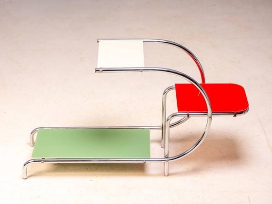 Bauhaus Tubular Steel Flower Stand by Emile Guyot for Thonet, Colored Glass Shelves, 1950s, Czechoslovakia, (photo 5 of 10)