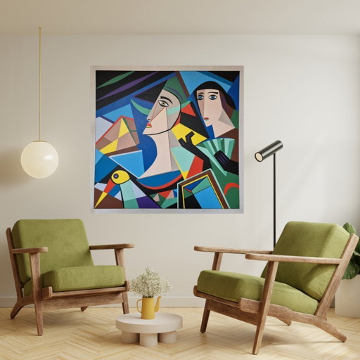 Peinture cubiste de style Picasso - 'Amazement' par Franklin van Dam - Acrylique sur MDF