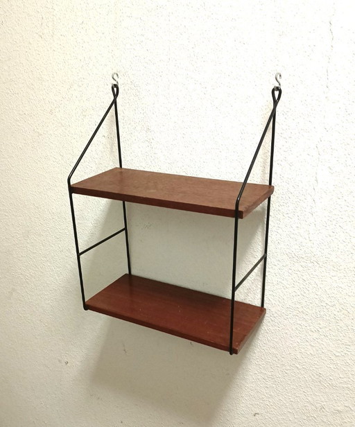 Fifties wall rack with two mahogany shelves