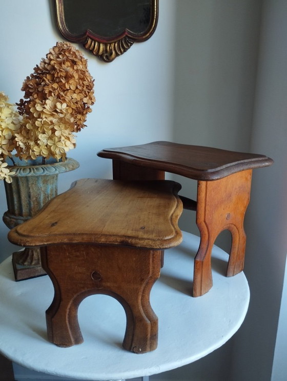 Image 1 of Small antique stool, Le Printemps wooden footrest, vintage plant holder.