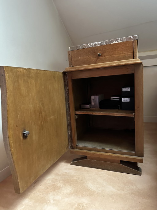 Origineel Houten Art Deco Nachtkastje Voorzien Van Marmeren Blad