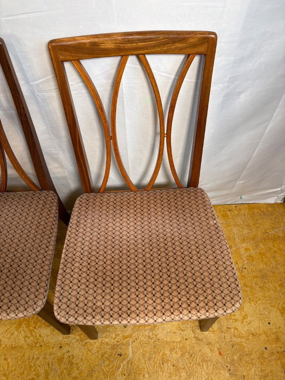 Image 1 of Mid century retro vintage teak and cloth dining chairs by GPlan 1970 elegant set of 4 dining chairs