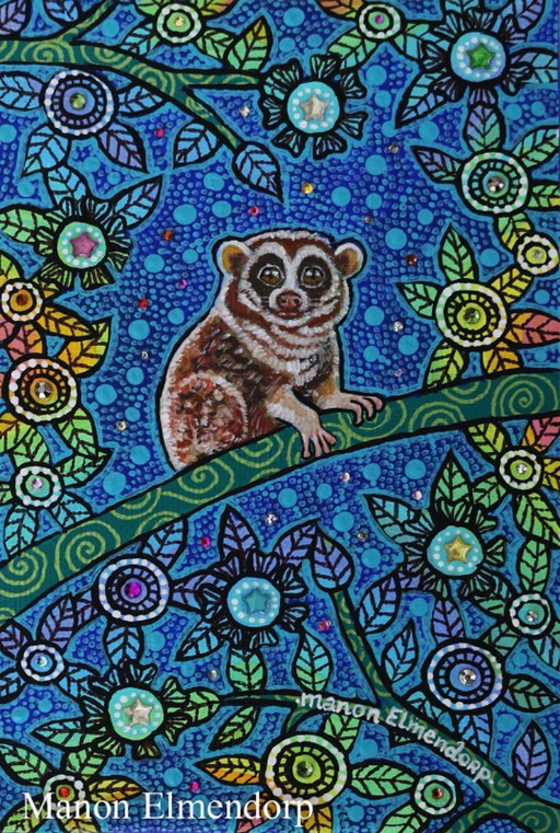 Piccolo dipinto raffigurante un animale notturno, dipinto a mano, nuovo, 15 x 10 cm