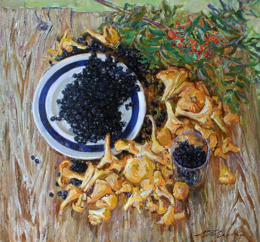 Original Oil Painting Autumn Still Life Mushrooms And Blueberries