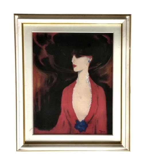 Art Déco Grand Tableau Portrait Femme Gouache Signée C Janse 68x52 cm
