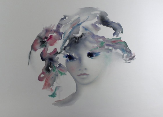 Image 1 of Shan-Merry - Tête d'une fille - lithographie couleurs