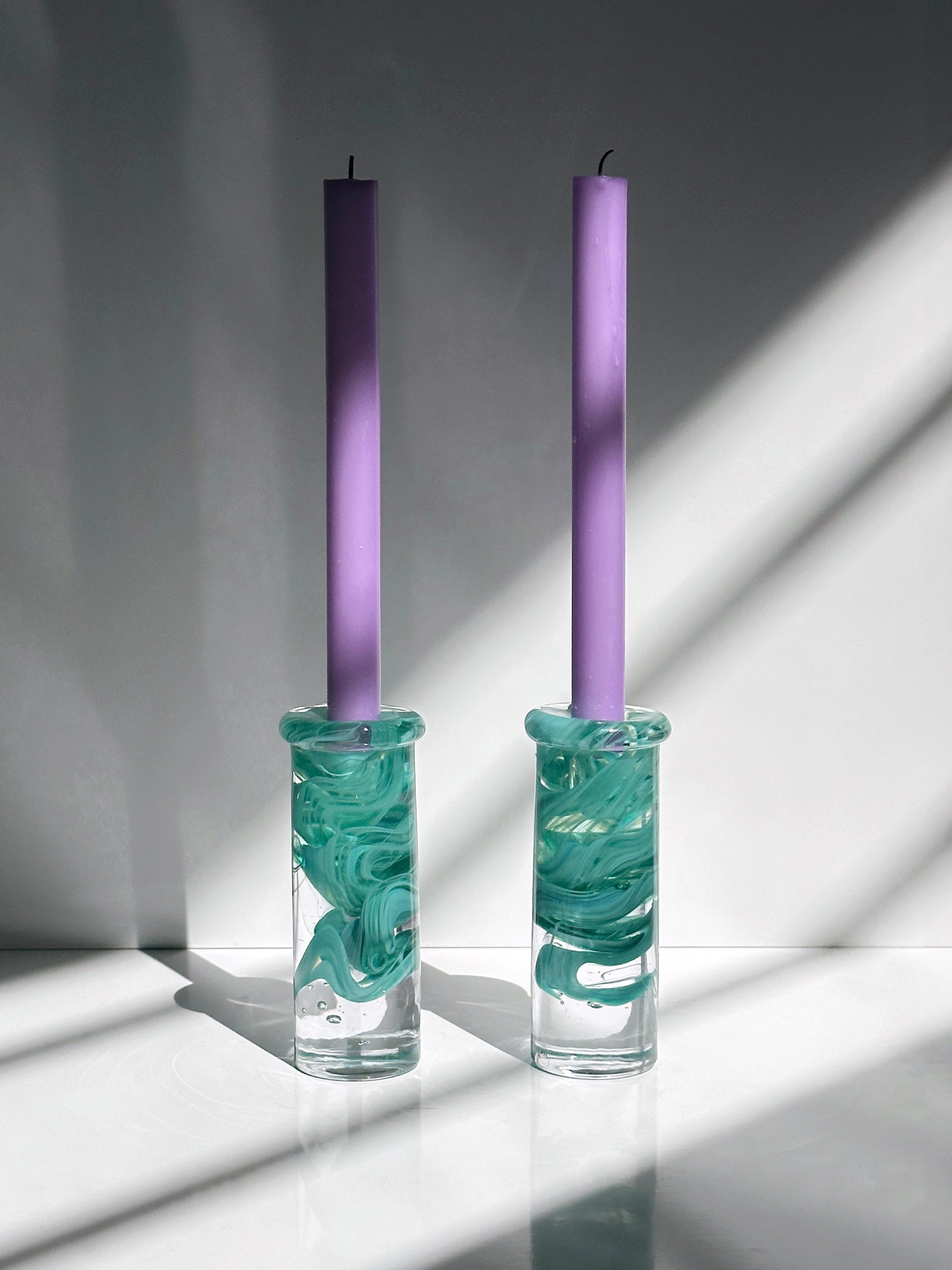 Kosta Boda Candlestick Pair Glass Atoll Turquoise Mint Green Anna