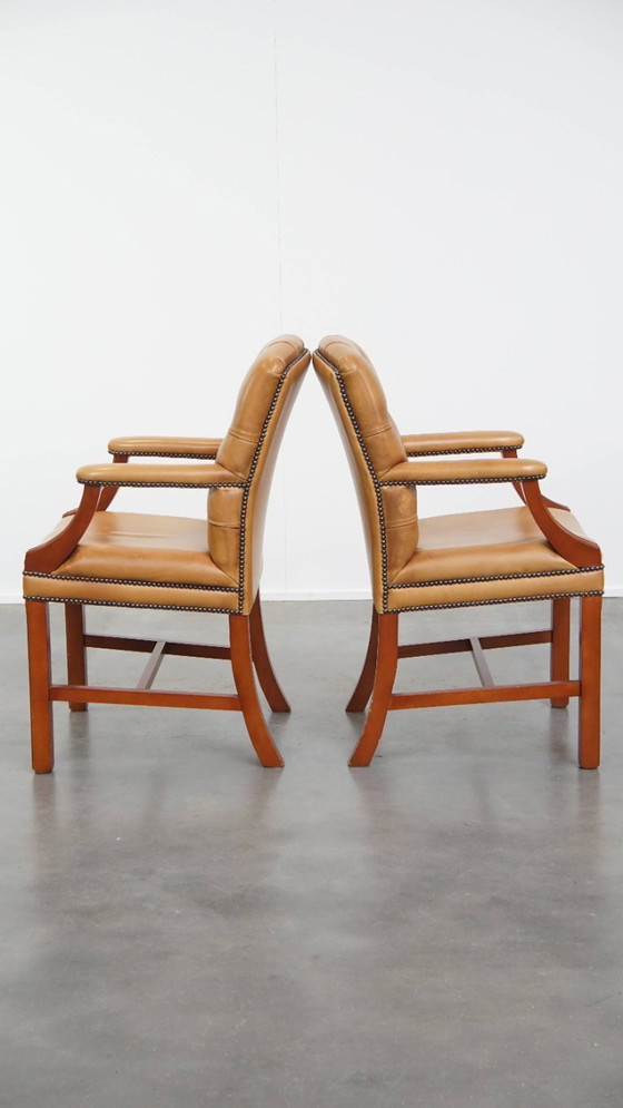 Image 1 of 2x Rindsleder Chesterfield Ess-/Seitensessel in heller Cognacfarbe