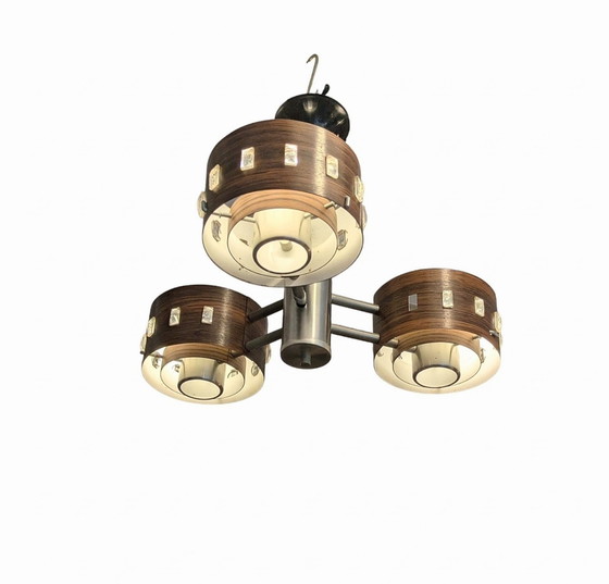 Vintage Scandinavian Chandelier, Pendant Lamp – Chrome, Wood (photo 3 of 6)