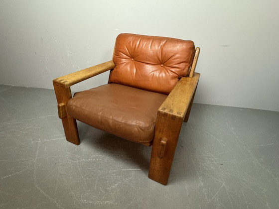 Image 1 of Mid-Century Brutalist Esko Pajamies Design 'Bonanza' Cognac Leather Lounge Chair on Solid Wooden Frame, Finland 1960s.