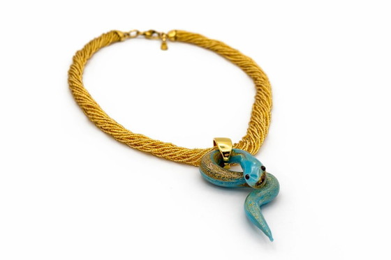 Image 1 of Murano Glass Chalcedony Snake Necklace with Gold Leaf – Venetian Handcrafted Sculpture