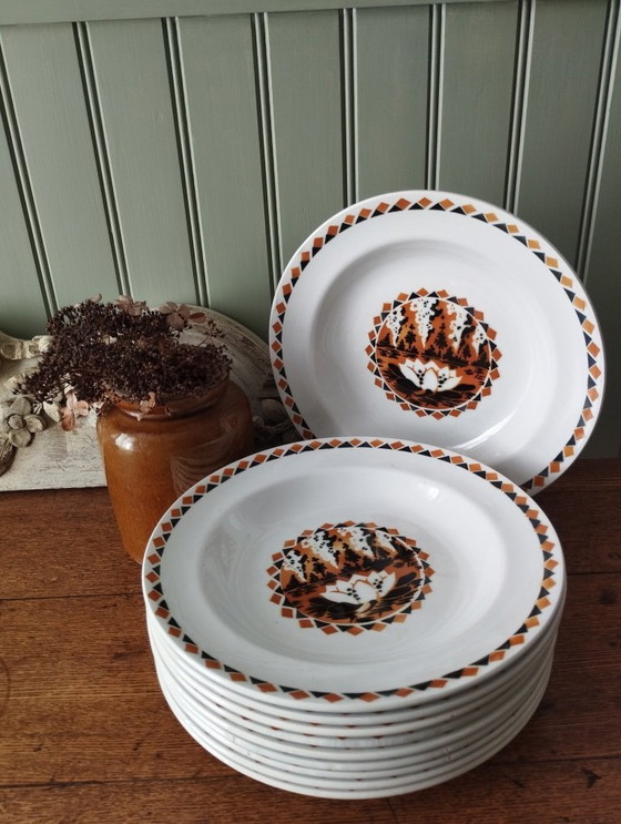 Image 1 of Art Deco aardewerken soepborden van Hamage & MDL "Waterlelie"