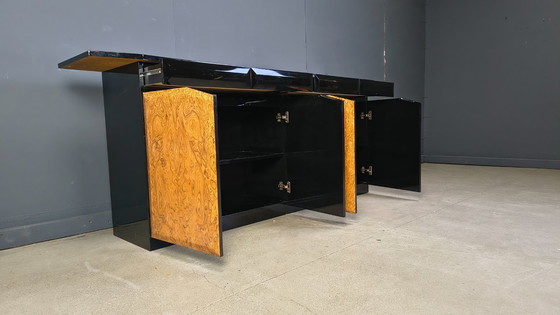 Image 1 of Vintage lacquer and burl wood credenza, 1980s