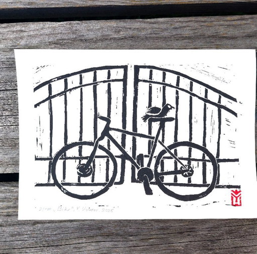 Vintage Bicycle Linocut Print – A4 Black and White Wall Art