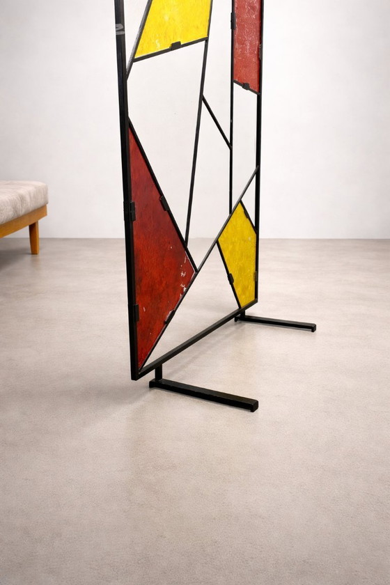 Image 1 of Mid-Century Modern Geometric Room Divider with Textured Colored Glass, 1970s–1980s