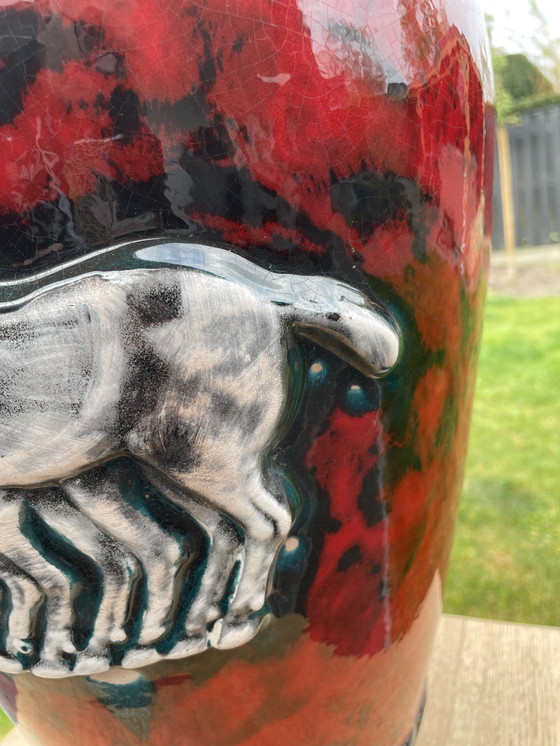 Image 1 of Vintage Duitse Fat Lava Vaas Paarden Jaren 70