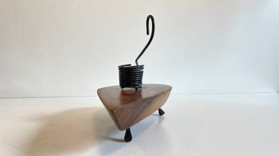 Image 1 of Brutalistische olijfhouten kaarsenhouder vintage