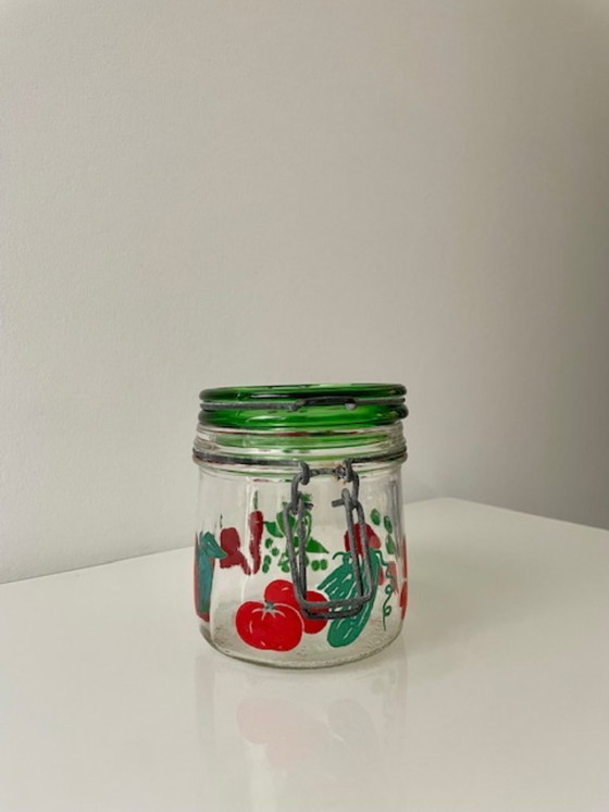 Image 1 of Bocal à conserve vintage en verre Carlton avec motif de légumes rétro