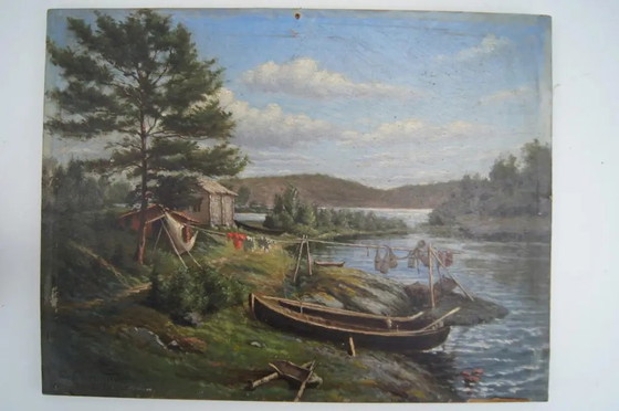 Spätes 19. Jahrhundert "Trapper's Refuge at the Water's Edge" Landschaftsölgemälde von Georges Caminade (photo 2 of 11)