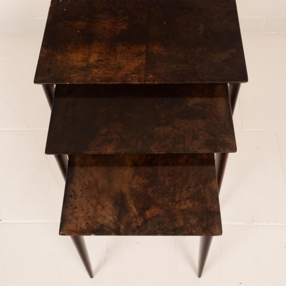 Aldo Tura Mid Century Parchment Nesting Tables Model 764 Tura Milano Italy 1950 – Side tables, Leather (photo 6 of 19)