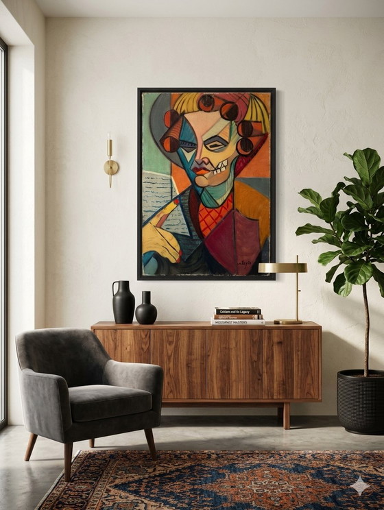 Image 1 of Oil on canvas, Cubism, American box frame, The Woman with Curlers Undressed, signed Calezis