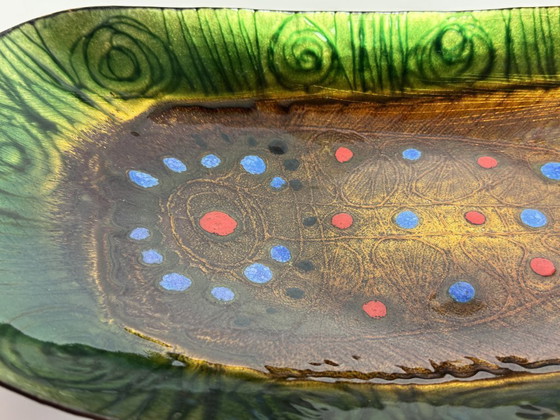 Image 1 of Large mid-century Italian Copper Bowl with Bright Enamel Decorations in warm and vibrant colors by Studio Laurana, Pesaro Italy