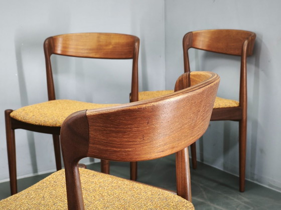 Set of 4 Danish Modern Teak Dining Chairs, Newly Upholstered, 1960s, Wood, Textile, Brown, Mid Century Modern (photo 2 of 13)