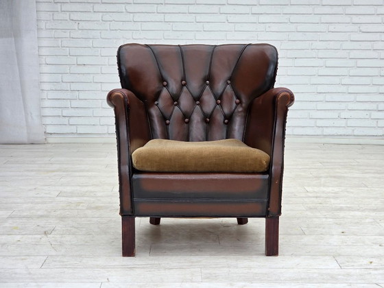 Image 1 of 1930s, Danish armchair, brown furniture leather, velour.