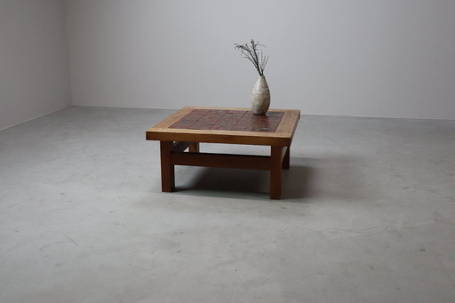 Mid - Century botanical ceramic tile coffee table in Oak, 1960s