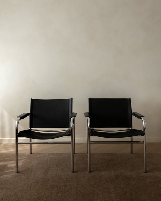 Image 1 of Vintage Bauhaus Klinte loungestoelen van chroom en zwart leer, ontworpen door Tord Björklund voor IKEA, jaren 80, set van 2.