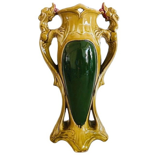 Antieke XL Art Nouveau Barbotine vaas groen keramiek Majolica 1900's
