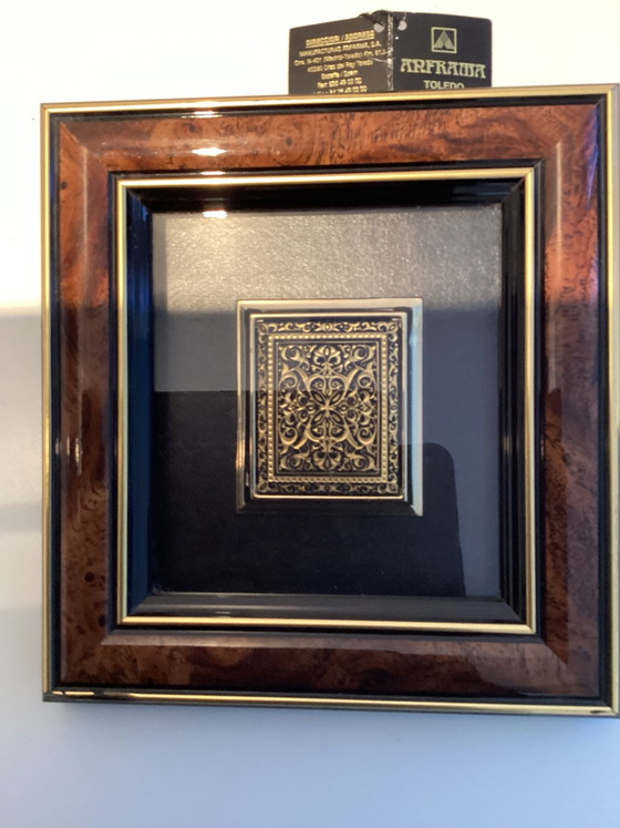 Set of 2 Vintage Damasquinado Toledo (Anframa) - Framed 24K Gold., Art, Glass, Black (photo 6 of 9)
