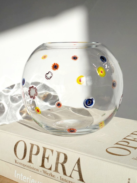 Image 1 of 1990s Leonardo Millefiori Ball Glass Vase, German Art Glass Murano Style Floral Inclusions