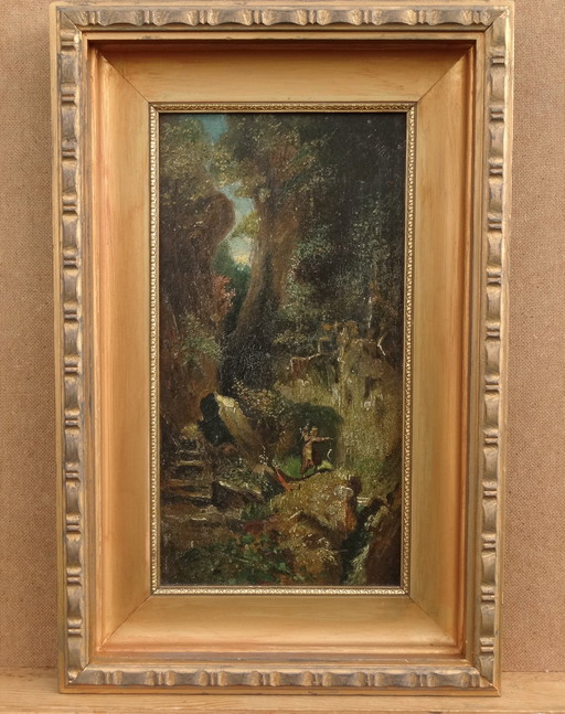 Pêcheur dans un ravin, vers 1880, peinture à l'huile, antique