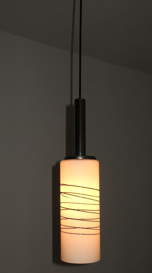 Italian Opaline Milk Glass Pendant Light with Overlay, 1960s