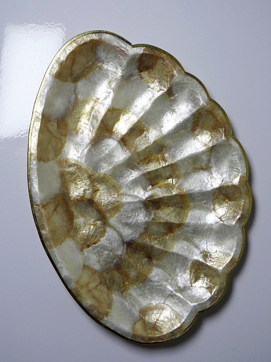 Image 1 of Large vintage mother-of-pearl and brass shell-shaped tray or catchall