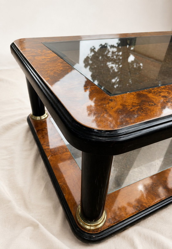 Couchtisch im Art-déco-Stil aus Maserholz, Glas und Messing – Couchtische, Wood (photo 5 of 5)