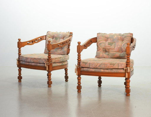 Giorgetti Gallery Collection Handcarved Wooden Lounge Chairs with Gobelin Upholstery, Set of 2. Italy, 1975. 