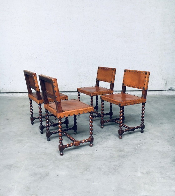 Image 1 of Englische Cromwell-Stühle aus hellbraunem Leder und Eiche, frühes 20. Jahrhundert