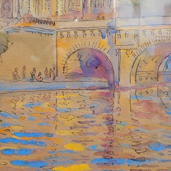 Image 1 of Aquarelle sur papier « Pont Marie, Paris », post-impressionnisme, signée Gilis, 1962 - France