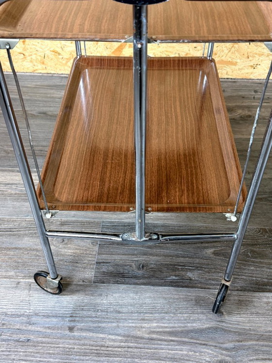 Image 1 of 1960s/70s Serving Trolley/Dinette Side Table, Space Age Design, Chrome/Brown